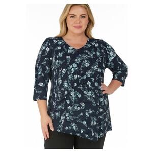 Catherine's Petite 14/16 Navy Floral Tiered Tunic Top V-Neck Stretch Jersey Knit